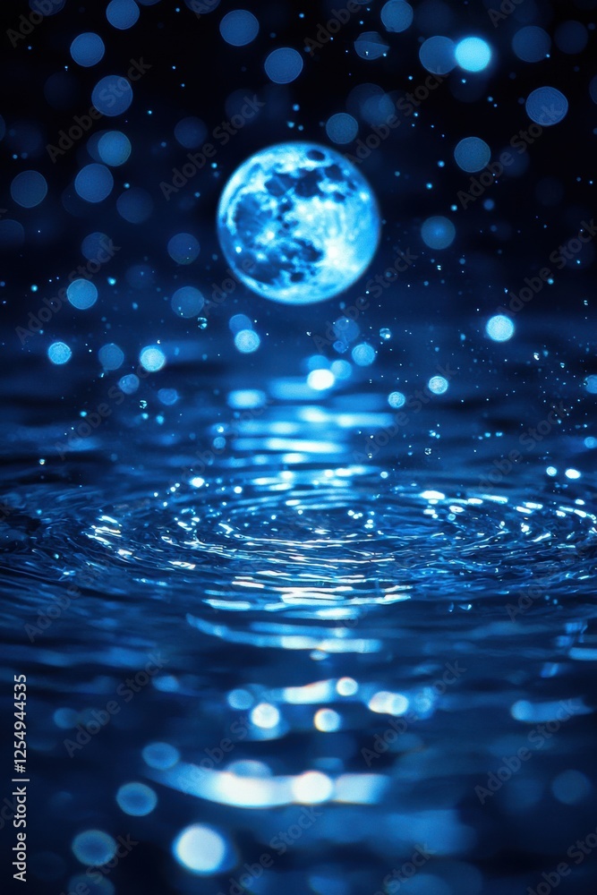 Mysterious blue moon reflected on shimmering water at night creating a tranquil and ethereal atmosphere Mysterious blue moon reflected on shimmering water at night creating a tranquil and ethereal atmosphere