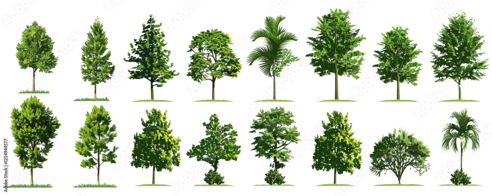 Fototapeta premium Jungle trees collection PNG, 3D render greenery, transparent background, tropical forest, lush vegetation, nature trees, rainforests, exotic plants, wild foliage, vibrant jungle.