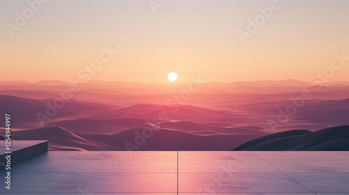 Tranquil sunrise over a misty mountain landscape with a serene tiled terrace foreground, capturing the beauty of nature and the calmness of dawn.