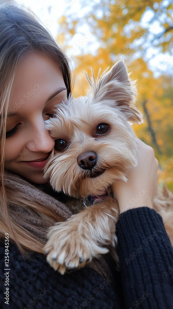 Loving woman embraces small dog in affectionate moment outdoors at a vibrant location Loving woman embraces small dog in affectionate moment outdoors at a vibrant location