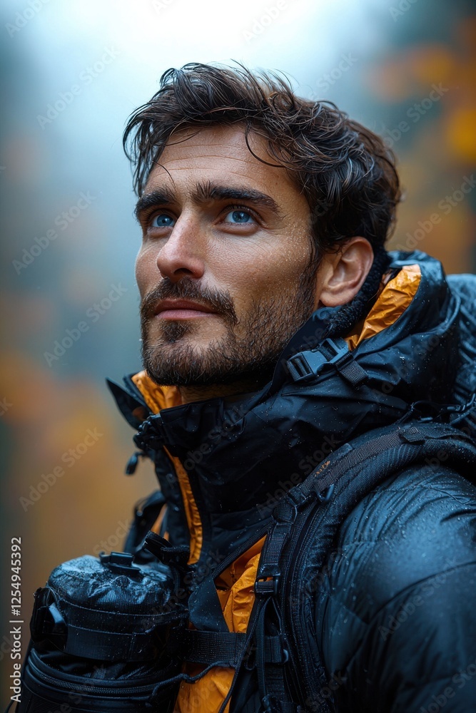Obraz premium Young man enjoying nature during a foggy hike in a forest with autumn foliage in the background