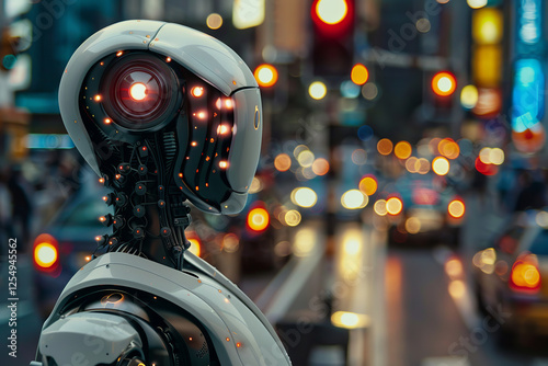 A robot is standing in the middle of a busy street with cars and traffic lights, future, technological development, automation concept.