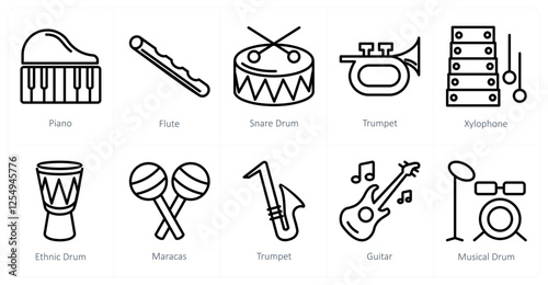 A set of 10 music icons as piano, flute, snare drum