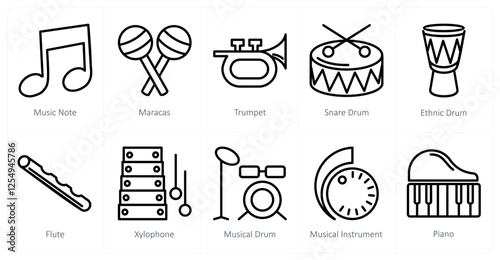 A set of 10 music icons as music note, maracas, trumpe