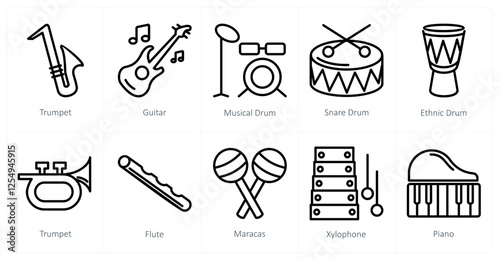 A set of 10 music icons as trumpet, guitar, musical drum