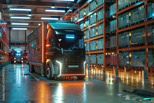 A futuristic truck with neon lights is parked in a warehouse, energy efficient and environmentally friendly, innovation, technology, and automation in logistics and freight transportation concept.