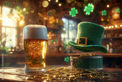 St. Patrick's Day Celebration: Leprechaun Hats, Beer Mugs, Gold Coins, and Flying Four-Leaf Clovers in a Lively Pub photo