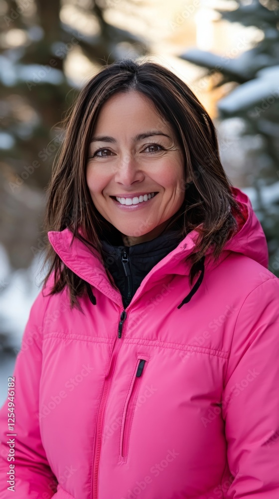 Smiling woman in a pink jacket stands outdoors with a happy expression during a cloudy day Smiling woman in a pink jacket stands outdoors with a happy expression during a cloudy day