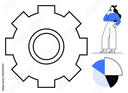 Large gear with central axis, contemplative woman with hand on chin, quartered pie chart in blue, black, and gray. Ideal for decision-making, process improvement, strategy, problem-solving