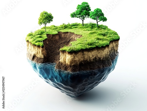 Earth land Soil layers 3D Illustration round soil ground cross section float landscape fantasy floating island