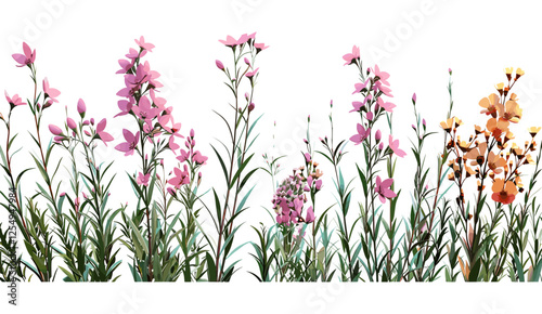 Vector illustration of blooming flowers, meadow shapes, spring flowers, vibrant landscape, wildflower field, nature art, botanical design, green field, colorful spring bloom