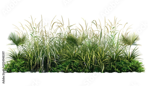 Tropical grass meadow, flora growth, row cutout, nature background, lush plants, PNG file, vibrant flora, high tropics greenery, summer plants, green meadow