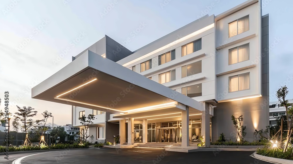 Modern hotel facade with elegant design, featuring a welcoming entrance under a clear sky. Modern hotel facade with elegant design, featuring a welcoming entrance under a clear sky.