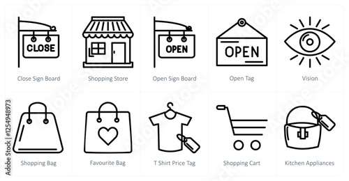 A set of 10 shopping icons as close sign board, shopping store, open sign board