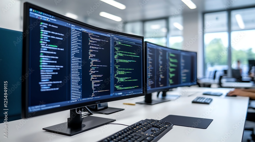 Naklejka premium Modern office setup with dual monitors displaying code, capturing technological work environment.