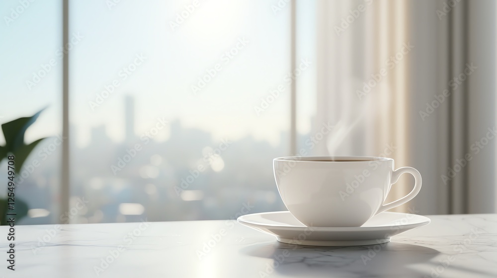 Morning coffee cup on a marble table with a blurred cityscape view, capturing warmth and urban tranquility. Morning coffee cup on a marble table with a blurred cityscape view, capturing warmth and urban tranquility.