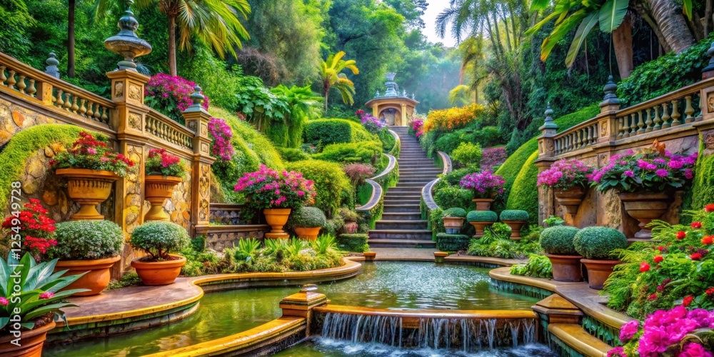 Obraz premium Serene Botanical Garden with Colorful Flowers and Tranquil Waterfall