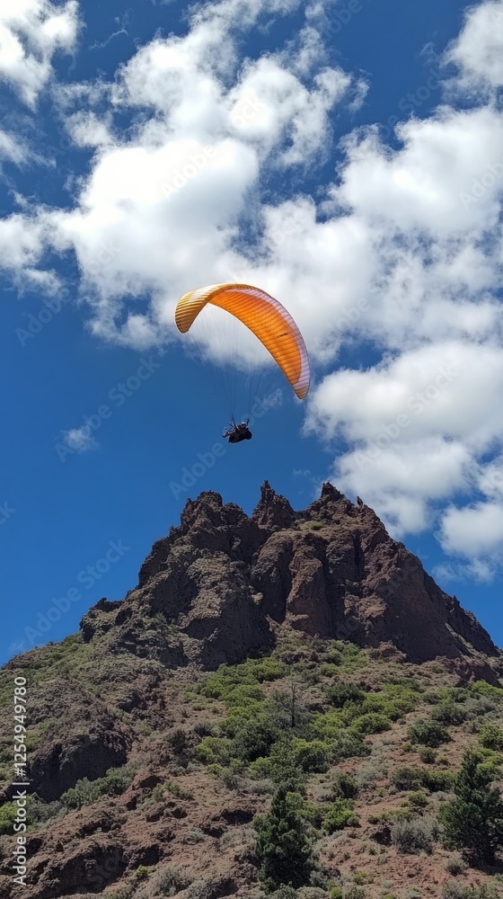 Paraglider soaring over rocky mountain landscape during bright sunny day