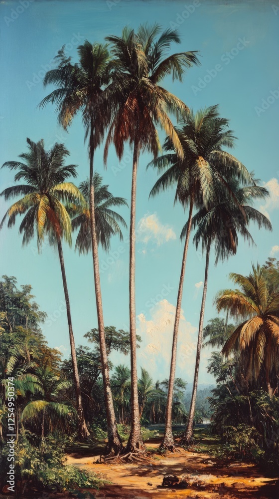 Fototapeta premium Lush tropical landscape with palm trees and mountains in the background during daylight