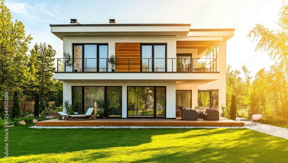 Obraz premium Modern Two-Story House with Sunlit Lawn and Deck