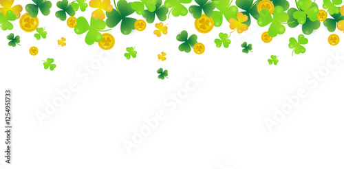 Green clover and gold coins background for St. Patrick's Day. Ornament of clover leaves and gold coins that bring good luck and happiness. Transparent background.