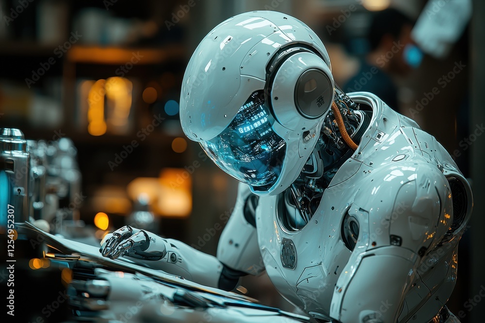 Robot engineer focusing on intricate designs in a modern workshop setting