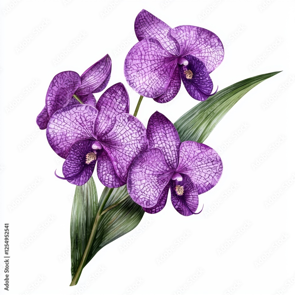 Fototapeta premium Purple Orchid Blooms with Detailed Petal Texture and Elegant Green Leaves on White Background