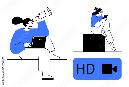Woman looking through a telescope while working on a laptop another woman using mobile on box. Ideal for remote work, digital communication, technology, virtual meetings, online learning, video