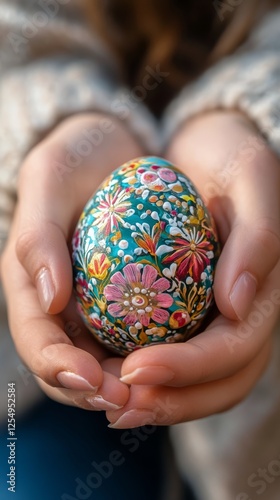 Beautifully decorated egg held in hands during spring celebration in a natural setting photo