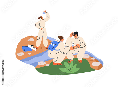Scientists taking water samples, conducting pollution research, examining chemical analysis, ecology test, quality control. Environment study. Flat vector illustration isolated on white background