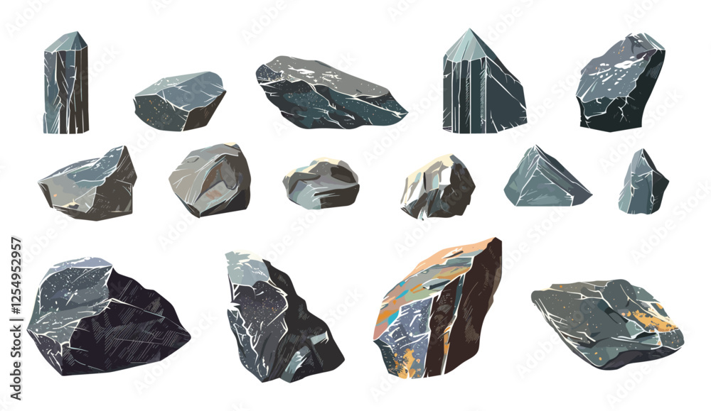Naklejka premium Sharp stones, various shapes, vector illustration, isolated cutout, transparent PNG, rock textures, abstract stone design, construction material, nature elements, decorative pebbles