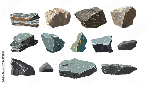 Vector illustration, isolated sharp stones, various shapes, cutout, transparent backgrounds, PNG, rock formations, abstract rocks, 3D stone design, decorative stone elements, geology