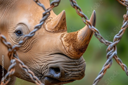 A close-up of a rhino's face behind a rusty chain-link fence, showing its wrinkled skin and horn covered in dirt.