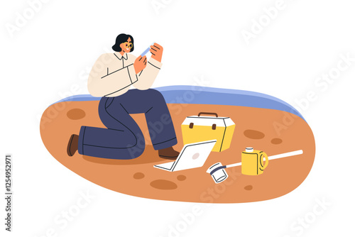 Taking samples, conducting water analysis for quality control and pollution research. Scientist examining chemical contents, safety test, check. Flat vector illustration isolated on white background