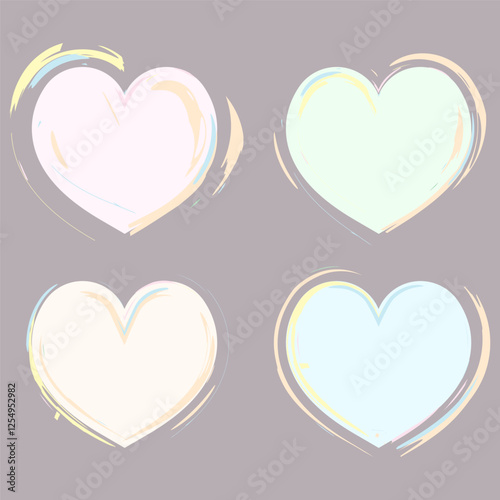 Hand-drawn heart shapes with thick expressive brushstrokes creating a textured artistic feel.  Whimsical playful design suitable for romantic creative projects, wedding invitations or greeting cards.