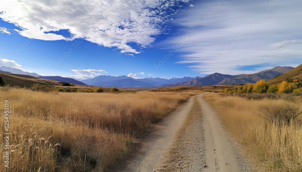 Stunning landscape of a dirt road through autumn grasses beneath a blue sky and mountains Stunning landscape of a dirt road through autumn grasses beneath a blue sky and mountains