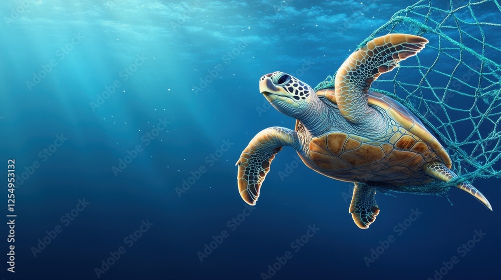 Obraz premium Sea turtle entangled in a fishing net, sunlight filtering through the deep blue ocean.