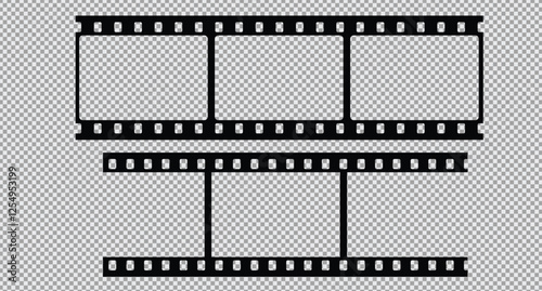 Cinema Film strips reel templates. Retro film strip frame element isolated on transparent background. Video or movie film vintage analog cinema, photograph camera. Abstract vector illustration
