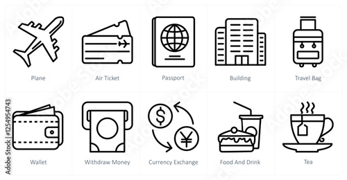 A set of 10 travel icons as plane, air ticket, passport