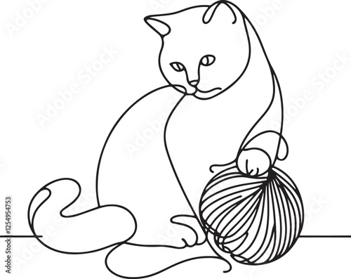 Simple Line Drawing of Cat and Wool Ball