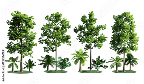 Vector illustration jungle rain forest trees, cutout PNG set, tropical leaves, wild nature, dense greenery, exotic tree collection, botanical elements, paper cut effect, rainforest flora