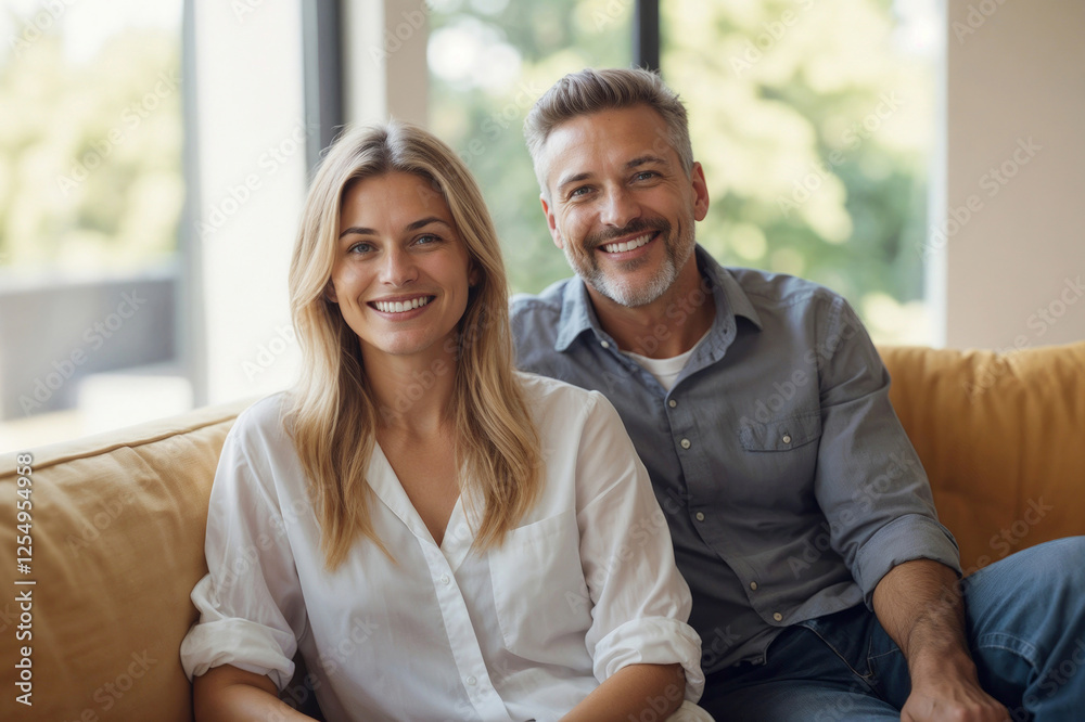Obraz premium Portrait of happy European couple relaxing in sofa at home and looking at camera