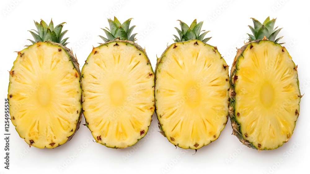 Four fresh pineapple slices on a transparent background. Juicy tropical fruit pieces ready for consumption, perfect for healthy eating and summer isolated on white or transparent background Four fresh pineapple slices on a transparent background. Juicy tropical fruit pieces ready for consumption, perfect for healthy eating and summer isolated on white or transparent background