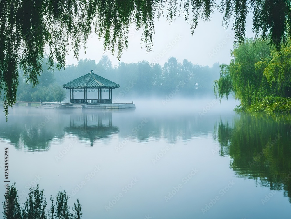 Fototapeta premium Public park with haze floating above a lake, reflecting the image in the water