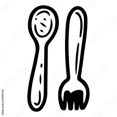 Baby spoon and fork set. Hand drawn doodle. Small cutlery for a child. Special safe tableware made of plastic or wood. Childhood. Vector line art illustration.