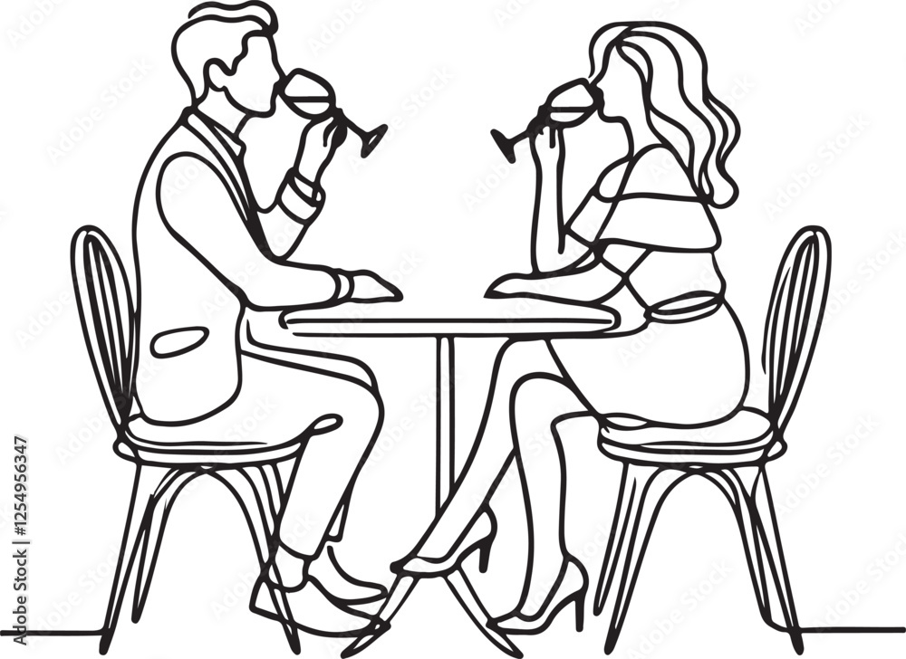 Elegant Line Art Couple Sharing Wine at Dinner