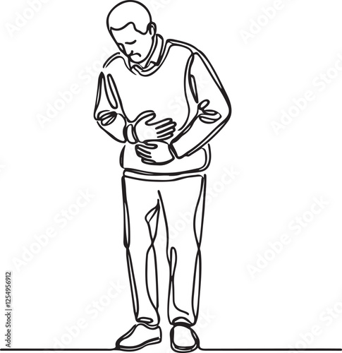 Elderly Man Stomach Pain Line Art Illustration