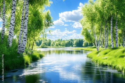 Fototapeta Naklejka Na Ścianę i Meble -  Serene summer landscape  flowing river surrounded by lush birch forest and vibrant greenery