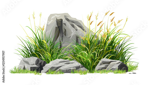 Vector long grass, rock scenery clipart, transparent background png, outdoor nature, grassy field, nature elements, scenic clipart, natural landscape, wild grass terrain