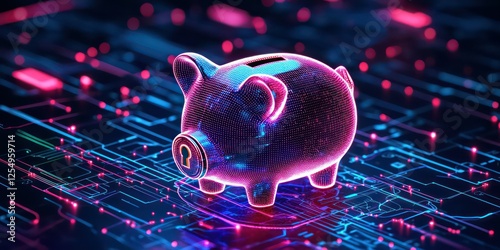 A digital lock icon over a glowing piggy bank, representing financial cybersecurity.